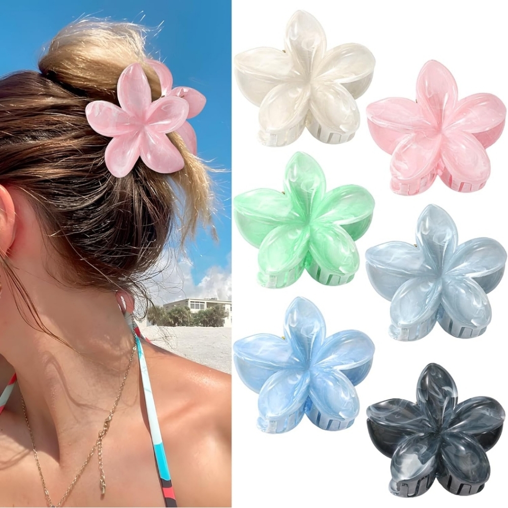 6 Pc Floral Hair Claw Clip Set - Pink, Green, Blue, Black, White
